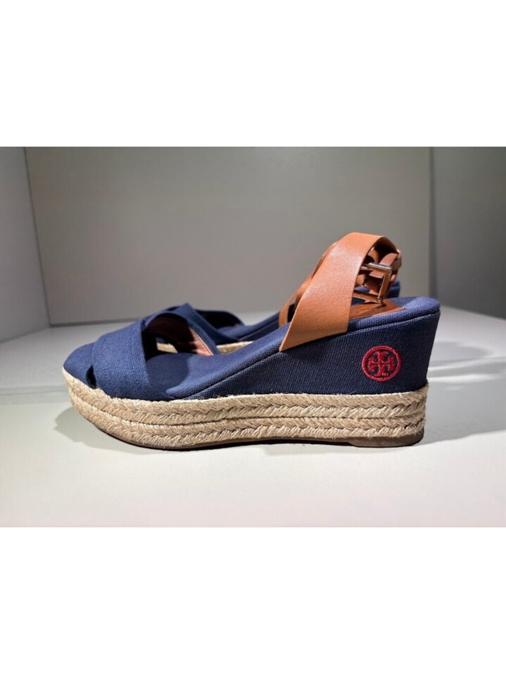 Tory Burch Navy Canvas Espadrille Wedge Sandals - Picture 3 of 9